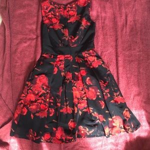 Black Dress Red Flowers Midi Dress, Size 2